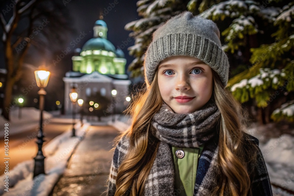 Portrait of a little girl in a warm jacket and hat walking through the winter streets of the city, close-up of her face. The winter season. Portrait of a little girl in a warm jacket and hat walking through the winter streets of the city, close-up of her face. The winter season.