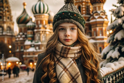 Portrait of a little girl in a warm jacket and hat walking through the winter streets of the city, close-up of her face. The winter season.