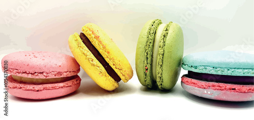 Delicious macaroon cakes isolated. Bright macarons vector background. Sweet background. Multi-colored round cookies and cakes. Bright background.