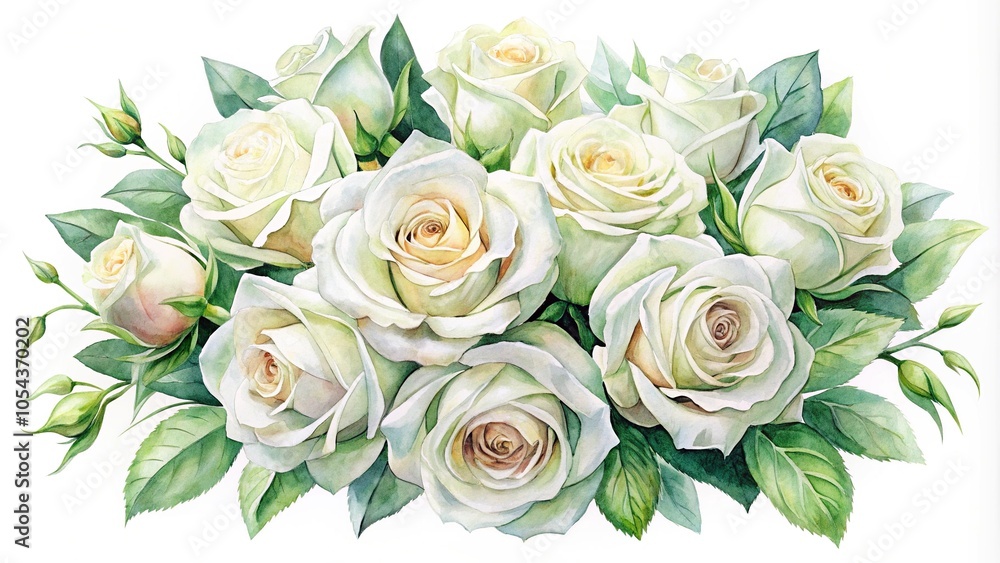 Watercolor bouquet of white roses isolated on white background Watercolor bouquet of white roses isolated on white background