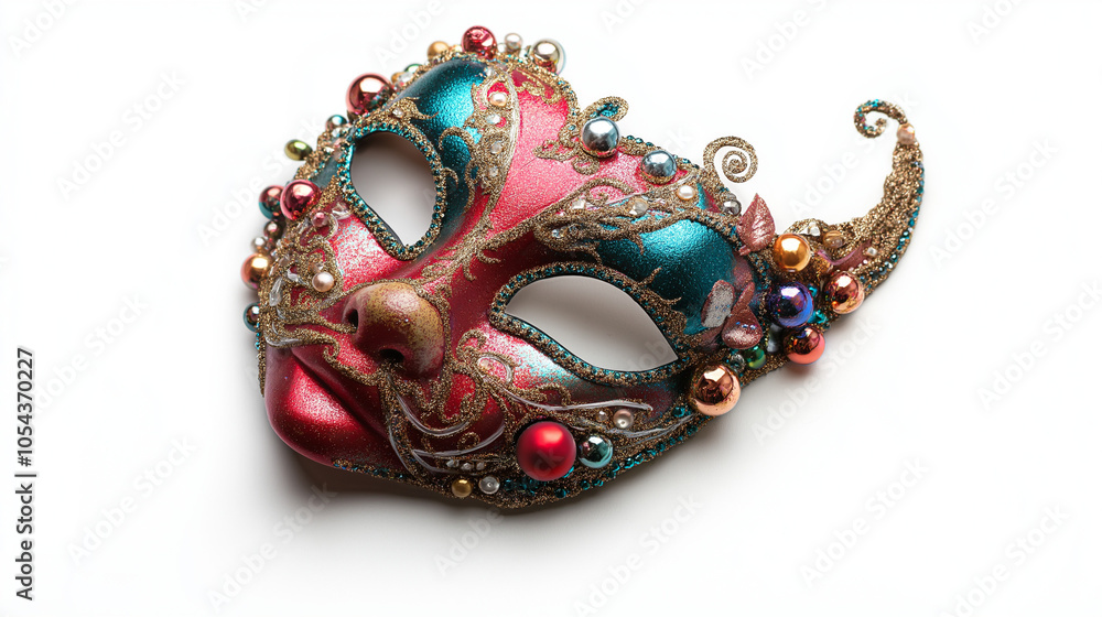 High-Detail Festive New Year's Mask with Glitter and Ornaments on White Background, Capturing Realistic Textures and Soft Shadows for Elegant Holiday Decor High-Detail Festive New Year's Mask with Glitter and Ornaments on White Background, Capturing Realistic Textures and Soft Shadows for Elegant Holiday Decor