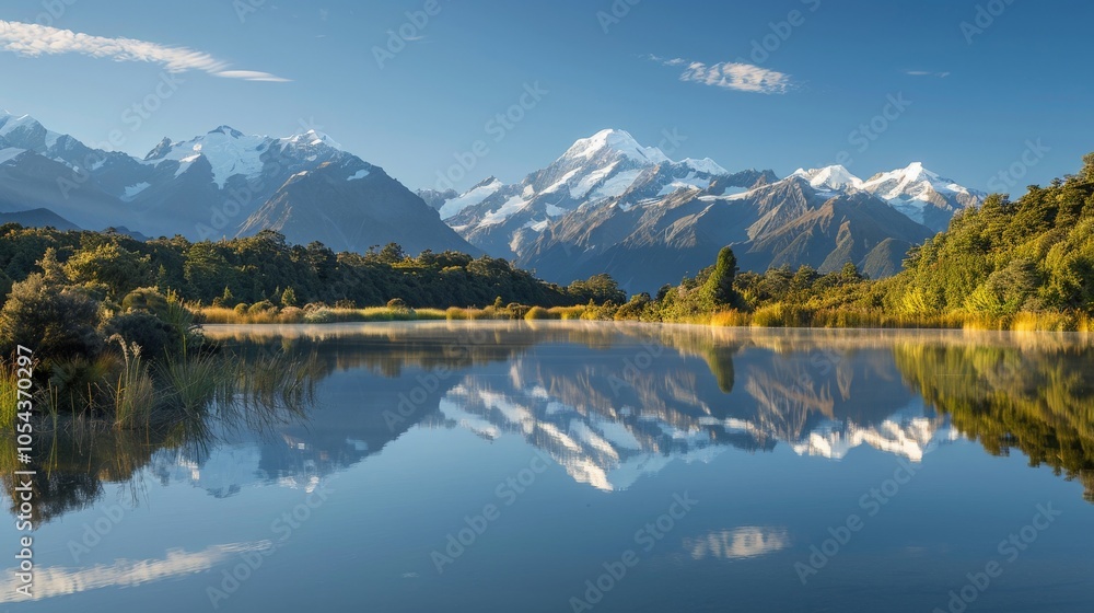 Serene mountain lake with a reflection of the surrounding peaks, showcasing the tranquility and scenic beauty of Earth's natural landscapes Serene mountain lake with a reflection of the surrounding peaks, showcasing the tranquility and scenic beauty of Earth's natural landscapes