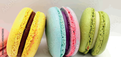Delicious macaroon cakes isolated. Bright macarons vector background. Sweet background. Multi-colored round cookies and cakes. Bright background.