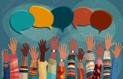Anonymous raised of multicultural group people. Racial equality. Speech bubble. Crowd people. Men and women of diverse races. Communication. Male female. Diversity inclusion