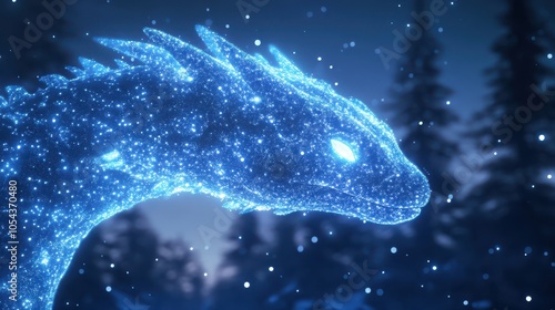 A blue, glowing dragon head surrounded by snow in a dark forest at night, displaying magical and ethereal qualities