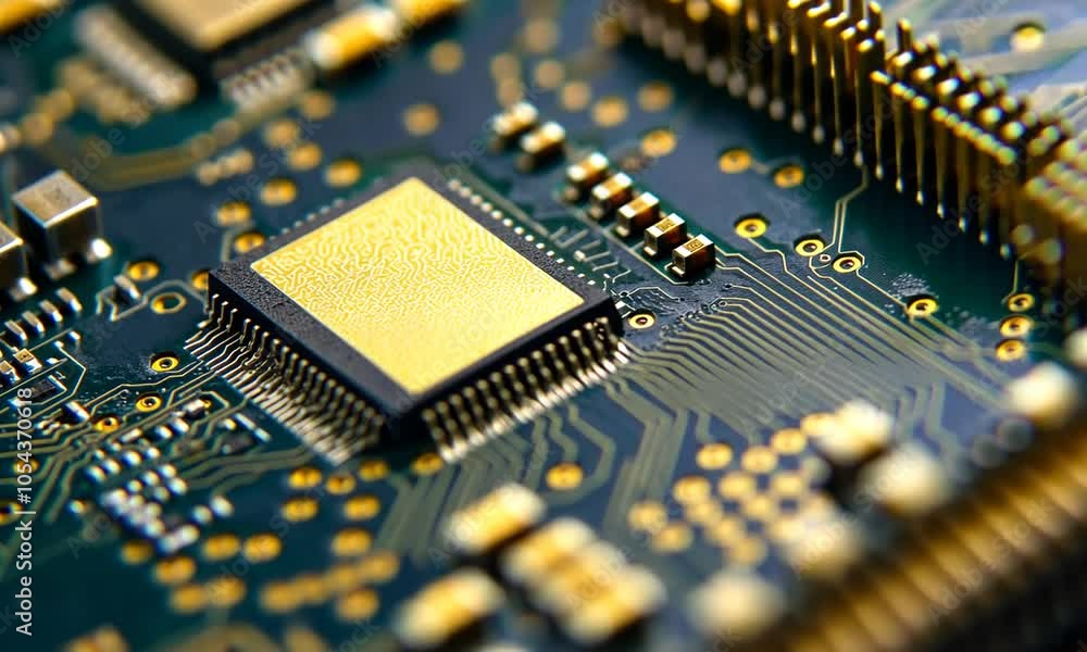 Close-up of a Gold Microchip on a Circuit Board Close-up of a Gold Microchip on a Circuit Board