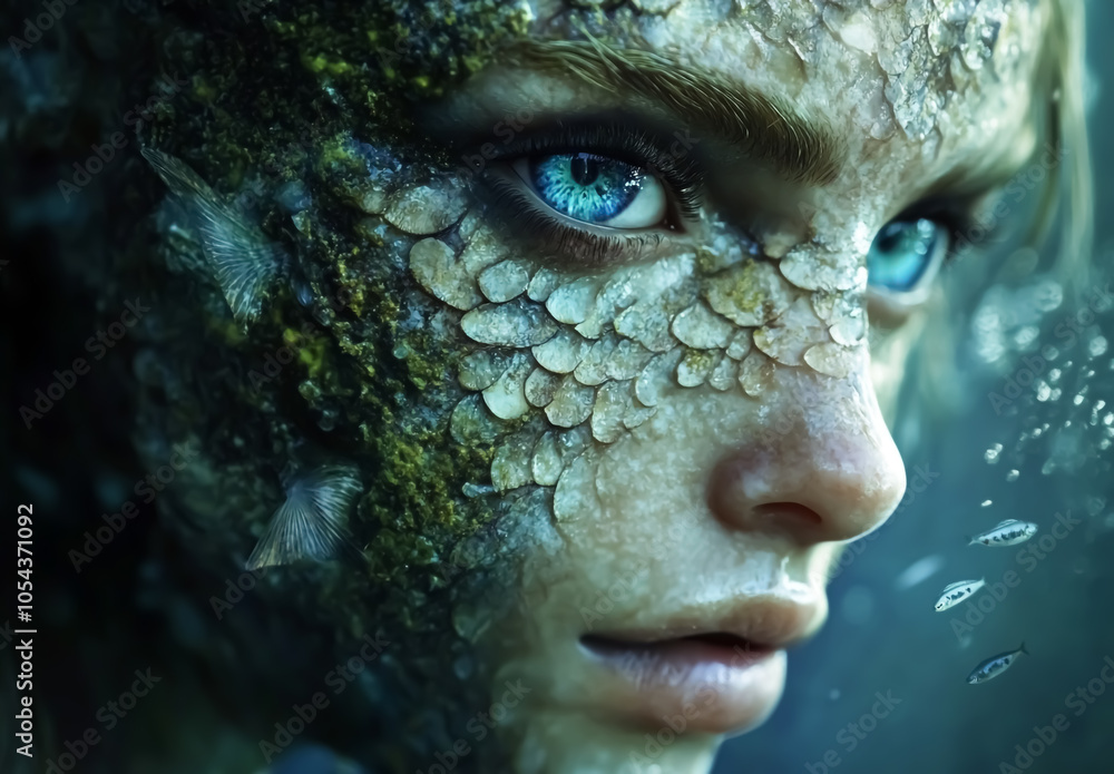 Fantasy sea creature with scale skin and water eyes Fantasy sea creature with scale skin and water eyes