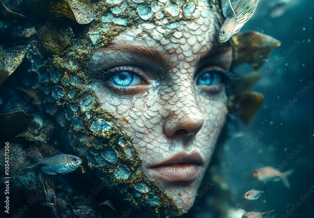 Fantasy sea creature with scale skin and water eyes Fantasy sea creature with scale skin and water eyes