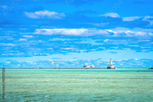 Michigan lake and Chicago Harbor Lighthouse view