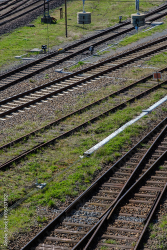 Obraz na płótnie Railway outdoors on beautiful summer day. Industrial landscape with rails and railway. w salonie