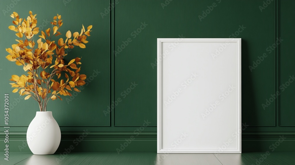 Ornate White Frame on Deep Green Wall: An intricately designed, vintage-style white frame hanging on a dark green wall, adding elegance and sophistication to a dramatic backdrop. Ornate White Frame on Deep Green Wall: An intricately designed, vintage-style white frame hanging on a dark green wall, adding elegance and sophistication to a dramatic backdrop.