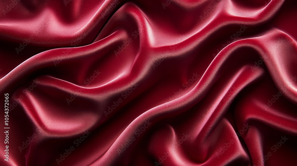 Fototapeta premium Luxurious red silk fabric with elegant draped folds creating a smooth and shiny textured surface pattern