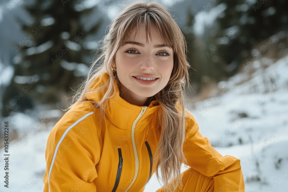 Smiling Woman in Yellow Jacket Enjoying Snowy Mountain Landscape Outdoors Smiling Woman in Yellow Jacket Enjoying Snowy Mountain Landscape Outdoors