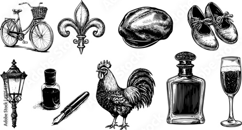 French symbols fleur de lis, fountain, perfume, ballet, slippers, cognac, beret, ink, bottle, vintage vector illustration.