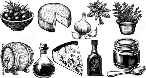 Vintage vector illustration set of mustard, basil, and olive ingredients, featuring engraved bottles of vinegar and oil.