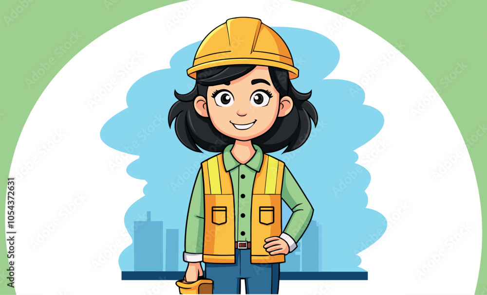 Fototapeta premium Woman mascot with engineer helmet in drawing style, representing an engineering company.