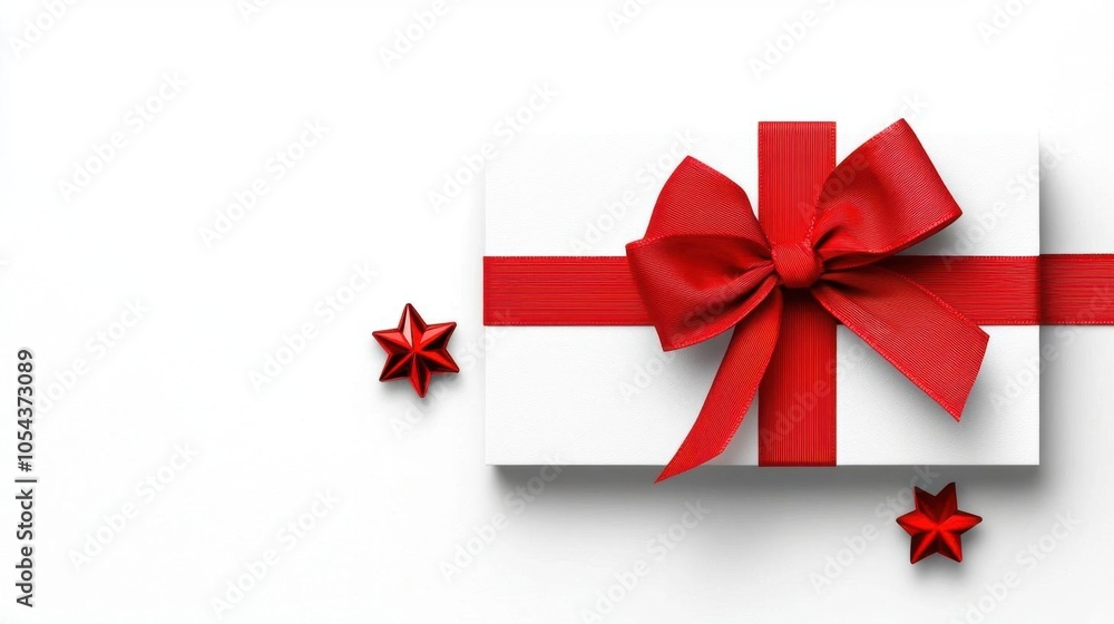 A photostock of a red gift card with a bow on a white background, with festive elements. A photostock of a red gift card with a bow on a white background, with festive elements.