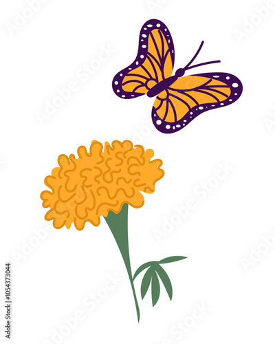 Colorful illustration of monarch butterfly flying near a vibrant marigold flower, symbolizing nature and beauty. Vector hand drawn clipart isolated on white background