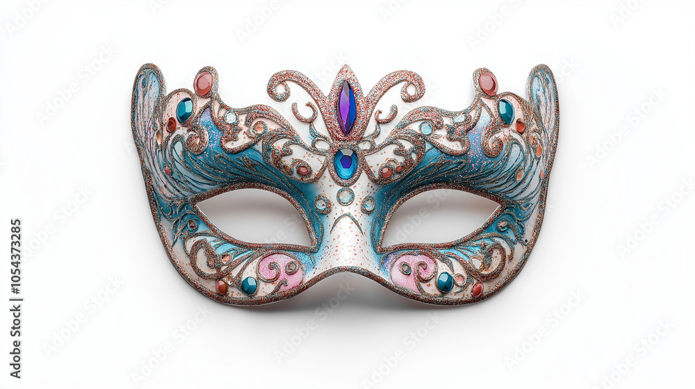 High-Resolution Festive New Year’s Mask with Glitter and Feather Embellishments on White Background, Emphasizing Detailed Holiday-Themed Accents and Vibrant Colors High-Resolution Festive New Year’s Mask with Glitter and Feather Embellishments on White Background, Emphasizing Detailed Holiday-Themed Accents and Vibrant Colors