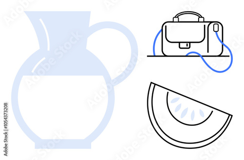 Water pitcher, briefcase with shoulder strap, watermelon slice. Ideal for business, summer hydration, travel, healthy lifestyle food, beverage. Line metaphor