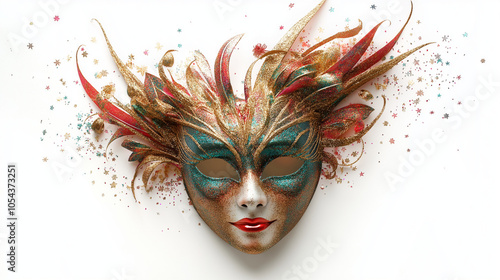 Wallpaper Mural High-Resolution Festive New Year’s Mask with Glitter and Feather Embellishments on White Background, Emphasizing Detailed Holiday-Themed Accents and Vibrant Colors Torontodigital.ca