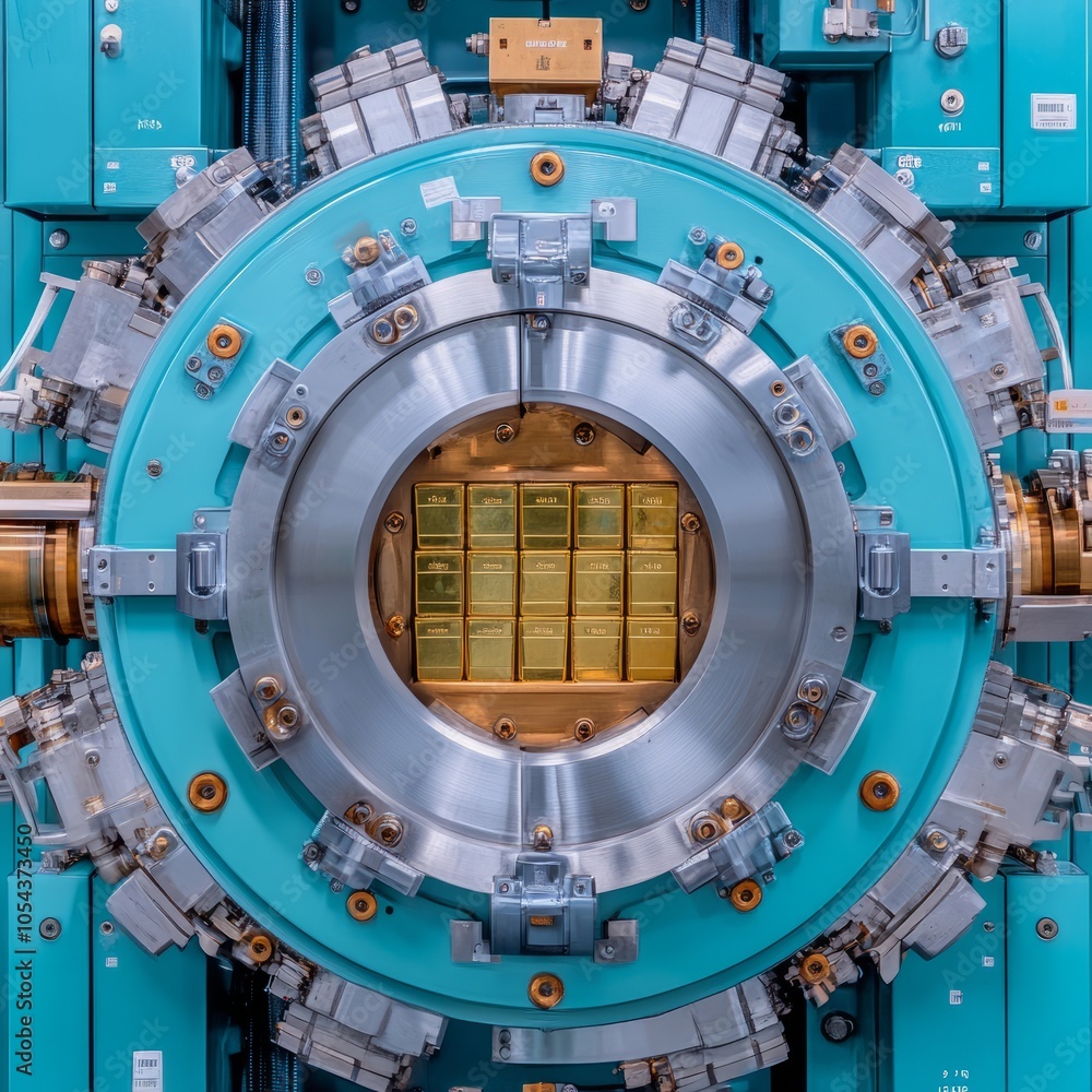 Naklejka premium Close-up of a complex industrial machine with a circular design.