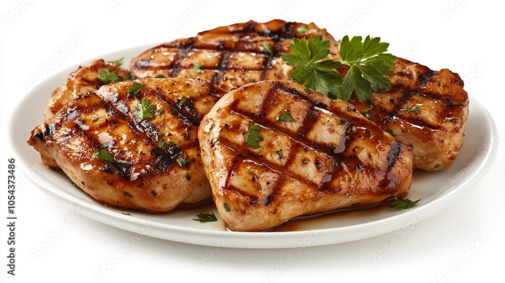 Grilled Chicken Breast with Parsley Garnish on White Plate Grilled Chicken Breast with Parsley Garnish on White Plate