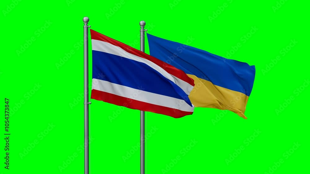 Ukraine and Thailand flags flying together, video concept of the relationship with colored chroma key for easy background remove
