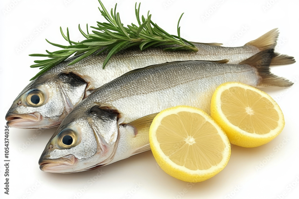 Fresh Hake fish on rosemary and lemon background. Ingredients for cooking. Fresh Hake fish on rosemary and lemon background. Ingredients for cooking.