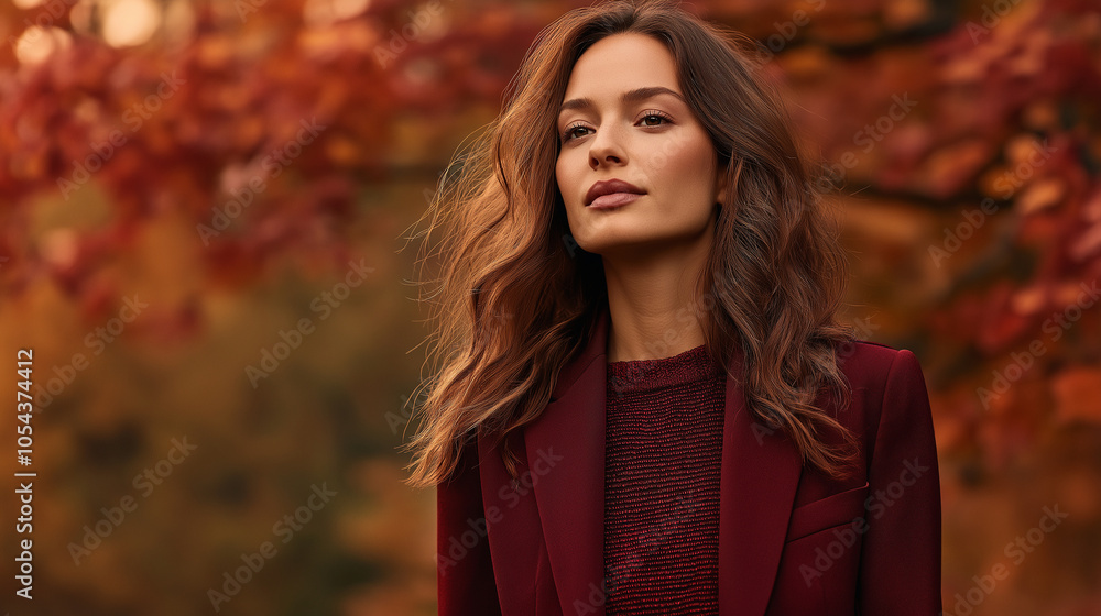 An eye-catching ad for a womenâs fashion boutique featuring fall essentials in burgundy tones. The model is dressed in a fitted burgundy blazer with a matching knit dress, set agai An eye-catching ad for a womenâs fashion boutique featuring fall essentials in burgundy tones. The model is dressed in a fitted burgundy blazer with a matching knit dress, set agai