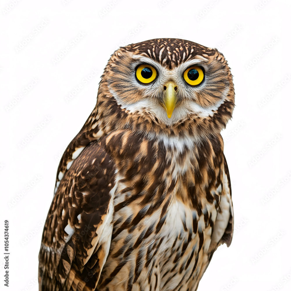 A majestic owl with piercing yellow eyes stares directly at the camera, its intricate plumage visible against a white background A majestic owl with piercing yellow eyes stares directly at the camera, its intricate plumage visible against a white background