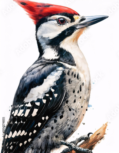 A Great Spotted Woodpecker perched on a branch, showcasing its vibrant red crest and intricate black and white plumage photo