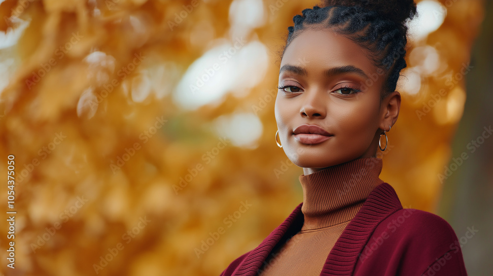 A trendy advertisement for a womenâs clothing store, focusing on fall layers in burgundy. The model wears a long burgundy cardigan over a light turtleneck, with a fall background o A trendy advertisement for a womenâs clothing store, focusing on fall layers in burgundy. The model wears a long burgundy cardigan over a light turtleneck, with a fall background o