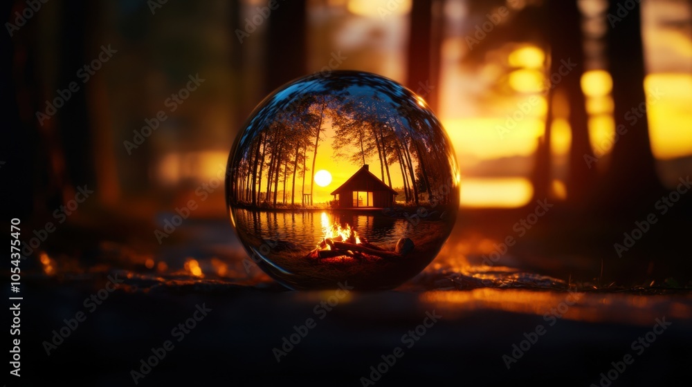 A crystal ball captures a breathtaking sunset over a serene lake, with a cozy cabin nestled amidst a forest A crystal ball captures a breathtaking sunset over a serene lake, with a cozy cabin nestled amidst a forest