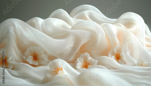 White Fabric Draped with Delicate Orange-Centered Flowers