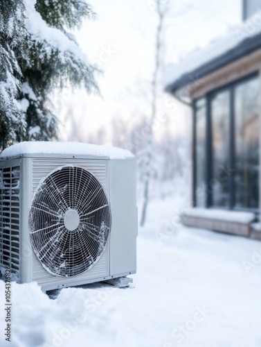 Air conditioner or outdoor unit of air-water heat pump braving the winter chill. photo