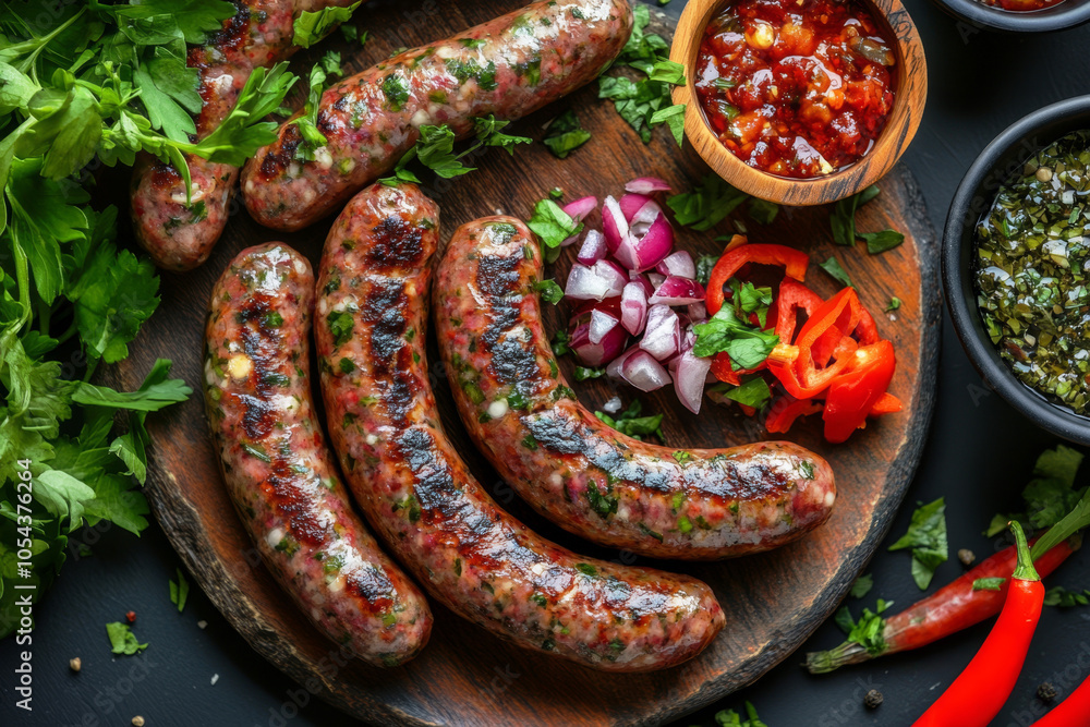Grilled sausages and fresh herbs for barbecue. Grilled sausages and fresh herbs for barbecue.