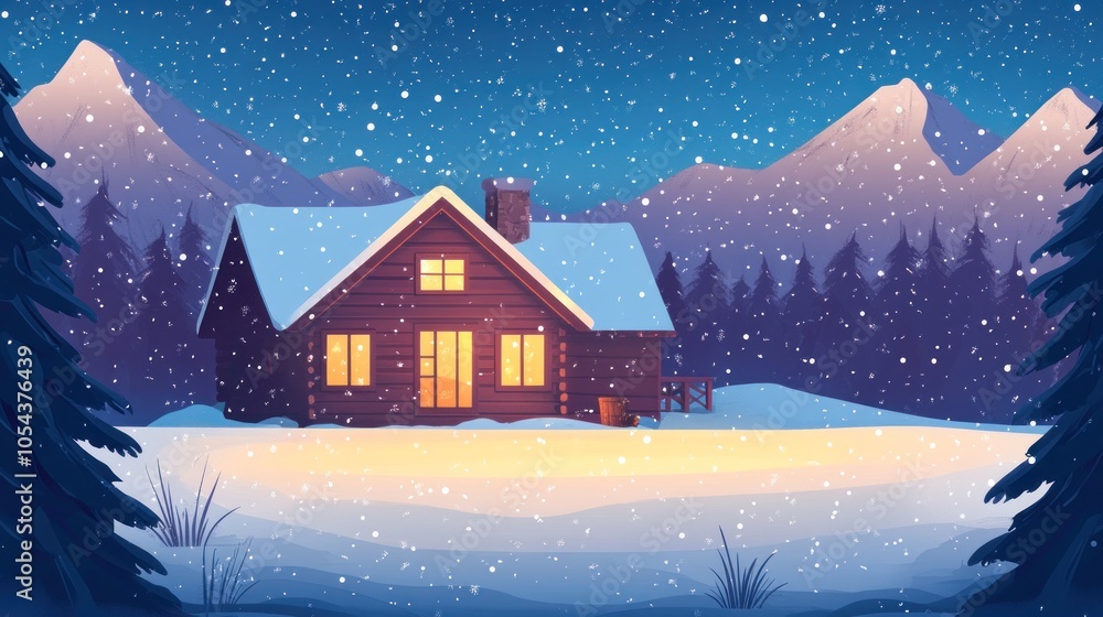 A cozy cabin with warm lights sits in a snowy, mountainous landscape with a dark blue sky and falling snow. A cozy cabin with warm lights sits in a snowy, mountainous landscape with a dark blue sky and falling snow.