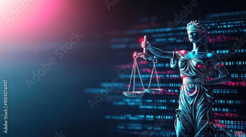 Justice statue holding cyber scales, surrounded by glowing binary codes, neonpunk background, dark shadows, highdetail digital illustration, dystopian theme photo