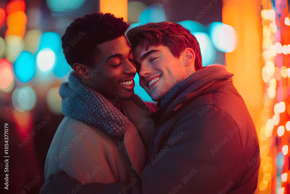 Romantic Moment Between Two Men in Neon Glow Romantic Moment Between Two Men in Neon Glow