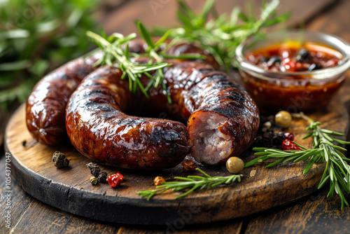 Grilled sausage on wood and herb background. Sausages for barbeque.