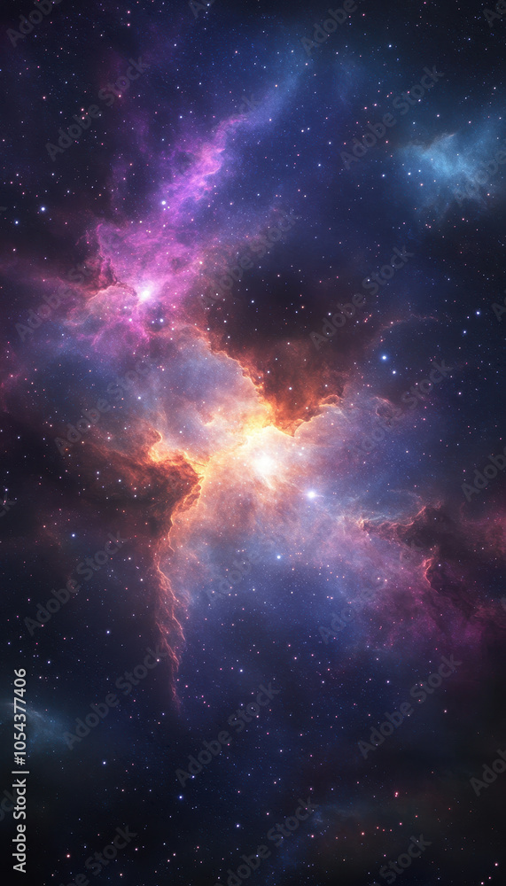 Obraz premium Stunning cosmic nebula with vivid purples, blues, and fiery oranges, sharply defined against the starry void, exuding mystery and celestial beauty.