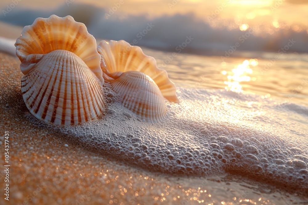 Seashells on a Sandy Beach at Sunset with Foamy Waves Seashells on a Sandy Beach at Sunset with Foamy Waves