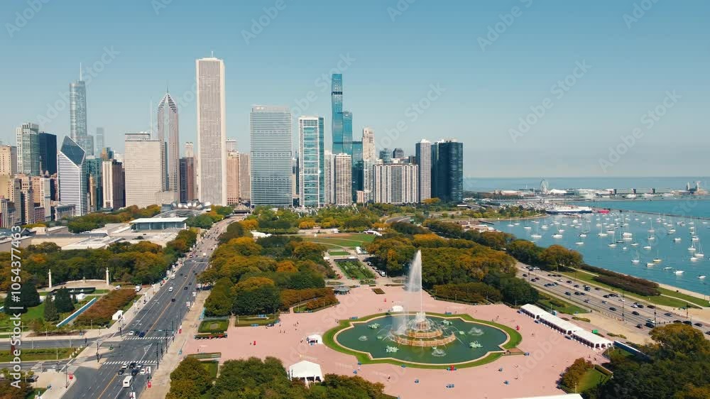 Chicago skyline and Grant Park with Buckingham Fountain An aerial view ...