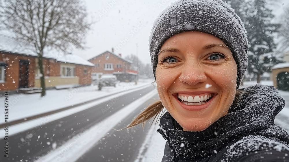 Joyful Runner Enjoying a Snowy Jog Through a Quiet Neighborhood on a Winter Morning