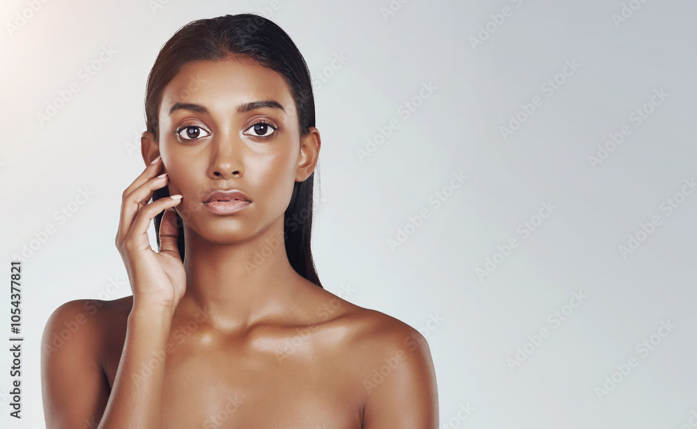 Beauty, studio and portrait of Indian woman with skincare from dermatology in mockup space. Face, makeup and girl with confidence from healthy facial or pride from cosmetics in white background Beauty, studio and portrait of Indian woman with skincare from dermatology in mockup space. Face, makeup and girl with confidence from healthy facial or pride from cosmetics in white background