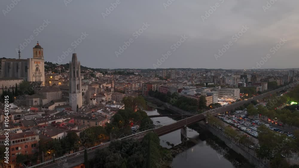 sunset illumained time girona city center riverside traffic aerial panorama 4k spain sunset illumained time girona city center riverside traffic aerial panorama 4k spain