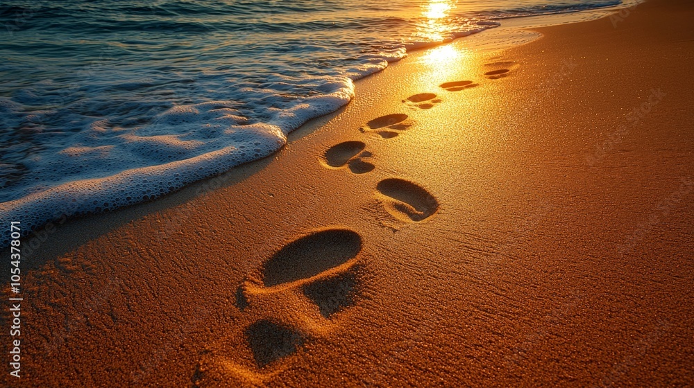 Footprints on a sandy beach at sunset, with gentle waves lapping at the shore. Footprints on a sandy beach at sunset, with gentle waves lapping at the shore.