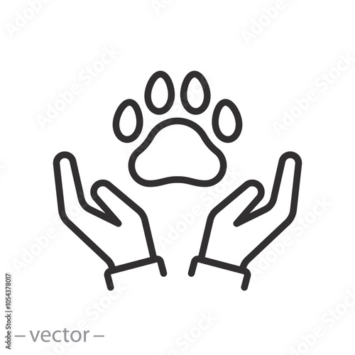 insurance pet icon, animal care, paw in hands, thin line vector illustration
