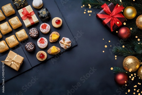 Minimalist New Year snack platter, black and gold theme, high contrast, elegant and sleek photography style